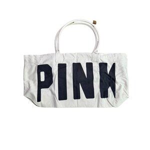 NWT PINK Victoria's Secret Natural Woven Tote Bag | Large Graphic | Zip Closure